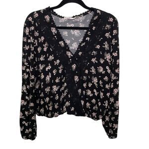 Mi‎ Ami Boho Peasant Blouse Ditsy Floral Print Lace Trim V-Neck Cropped Black L